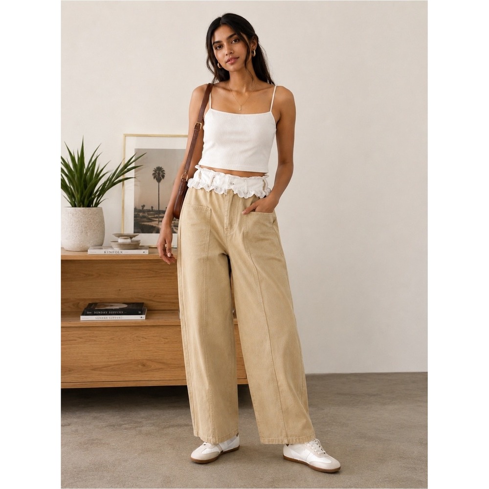 Klesis Barrel Leg Jeans Khaki High Rise Utility Pants Lace Waist Size 26